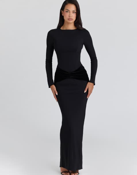 House of CB Athena black long sleeve crepe jersey maxi dress in black
