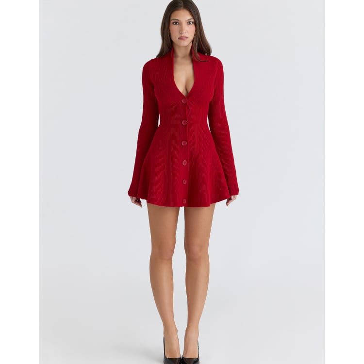House of CB Aubrey pure new wool cardigan mini dress in red - RED | ASOS