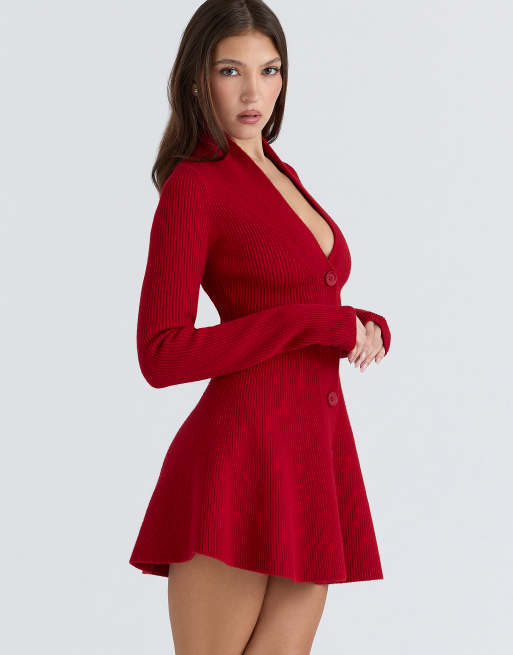 House of CB Aubrey pure new wool cardigan mini dress in red - RED