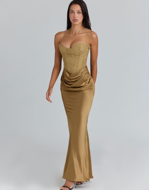 House of CB Aurelia bronze brocade satin corset maxi dress in bronze | ASOS