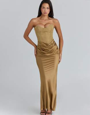 House of CB - Aurelia - Satin-Maxikleid in Bronze im Brokat-Look mit Korsettdetail-Brown