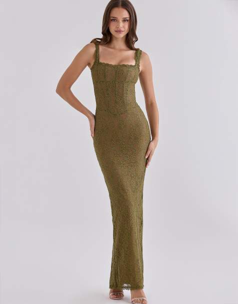 House of CB Aureliana olive lace scallop trim maxi dress in olive - view 1