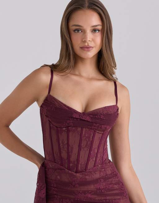 House of CB Austelle cabernet Spitzen-Corsagen-Maxikleid in Cabernet, 3 von 4