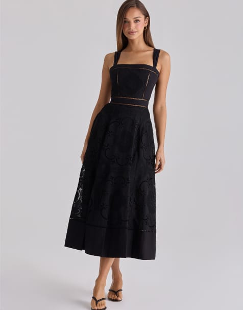 House of CB - Ava - Midi jurk van katoen met broderie anglaise in zwart - view 1