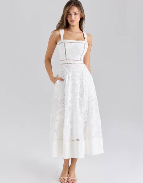 House of CB Ava stretch cotton broderie anglaise midi dress in white - view 1