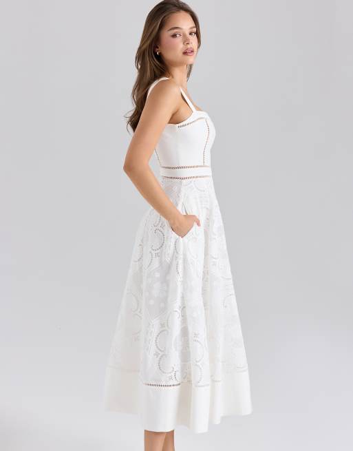 ava white stretch cotton broderie anglaise midi dress 'Ava' White Stretch Cotton Broderie Anglaise Midi Dress