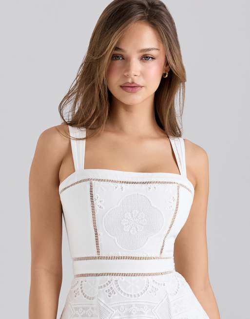 white christmas dresses White Cotton Broderie Anglaise Halter Midi Dress – shopaleena main image 1