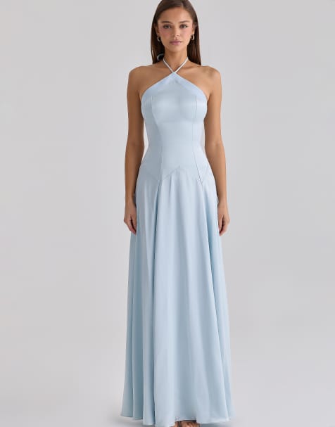 House of CB Avelina blue satin halter neck godet maxi dress in blue