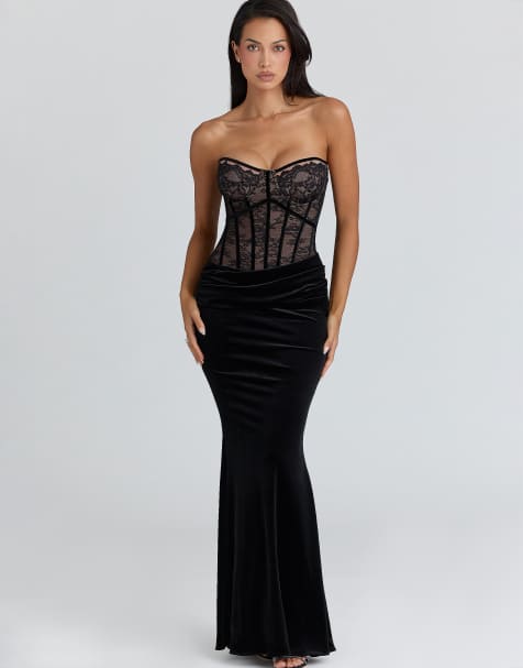 House of CB Ayana black lace velvet maxi dress + bolero in black