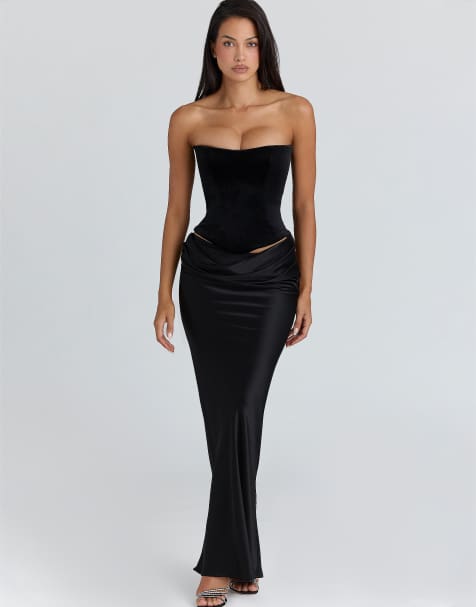 House of CB Beau satin draped maxi skirt in black - BLACK