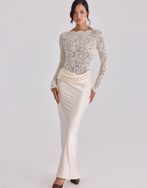 House of CB Beau vintage ivory satin draped maxi skirt in ivory