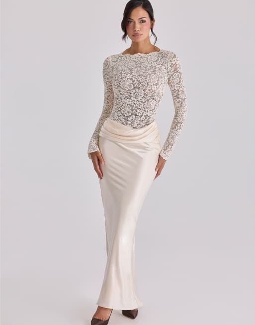 House of CB Beau vintage ivory satin draped maxi skirt in ivory