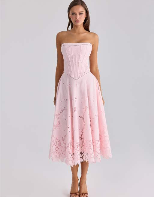 House of CB Belissa pink strapless custom lace + broderie anglaise midi  dress in pink | ASOS