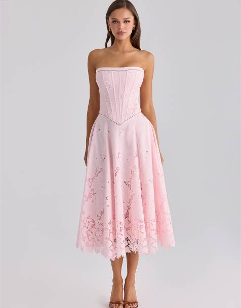 House of CB - Belissa - Vestito midi rosa senza spalline in pizzo sangallo - view 1
