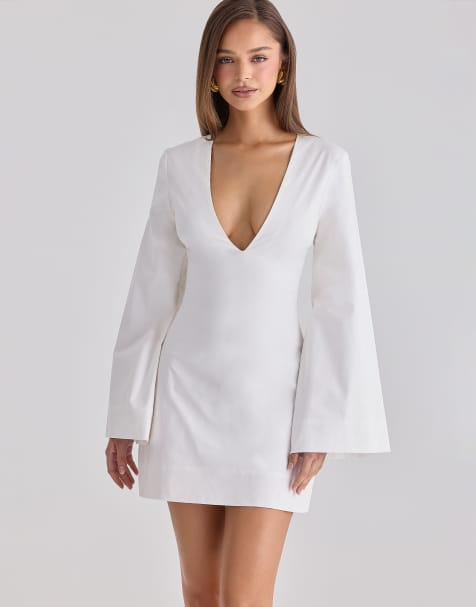 House of CB bell sleeve cotton mini dress in white