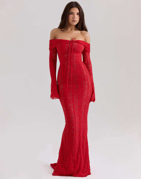 House of CB Belle off shoulder floral lace maxi dress in red