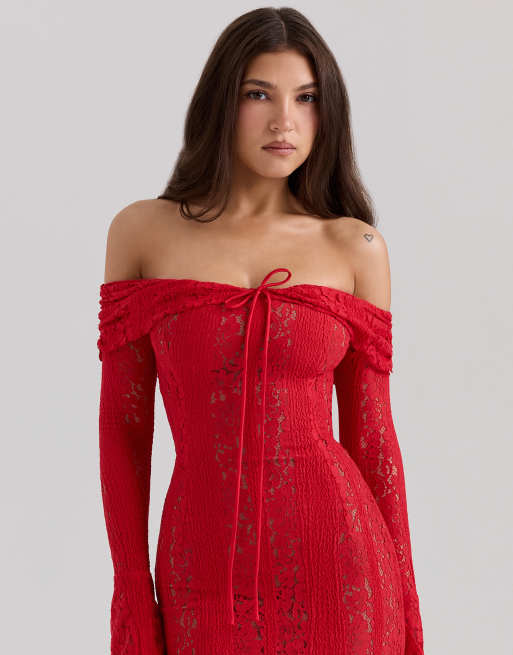 House of CB Belle off shoulder floral lace maxi dress in red | ASOS