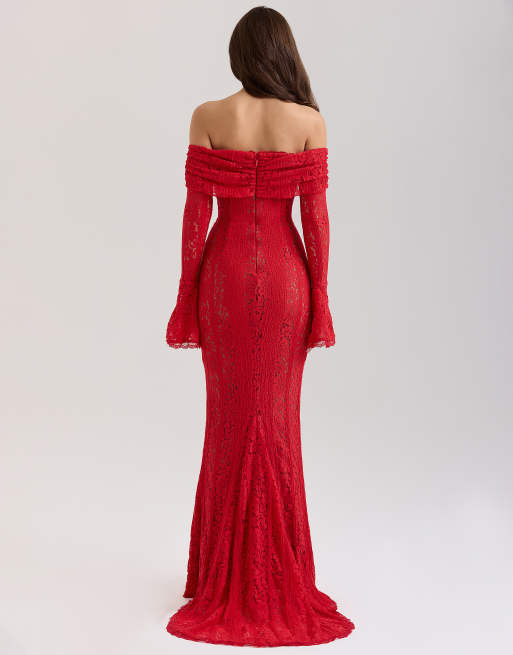 House of CB Belle off shoulder floral lace maxi dress in red ASOS - Main Image