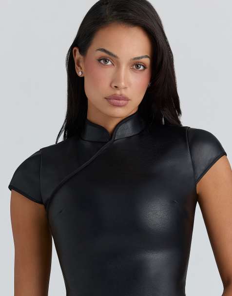 House of CB Bobbi vegan leather mandarin collar top in black - BLACK - view 1