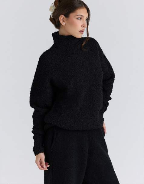 House of CB Brooklyn black wool boucle knit sweater in black