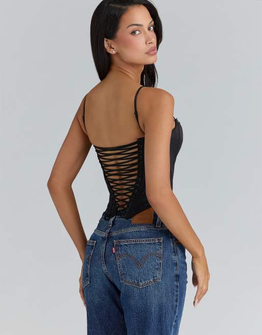 House of CB Cadie black satin corset top in black | ASOS