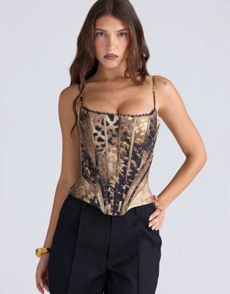 House of CB Cadie gold leopard print satin corset top in gold leopard - view 1