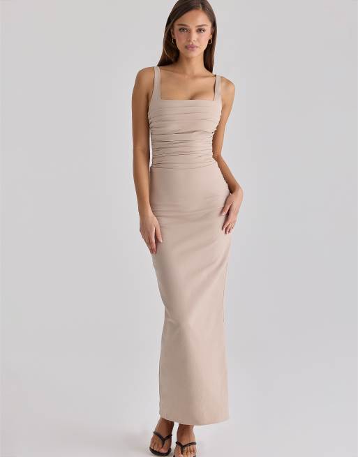 taupe stretch woven bandeau ruched maxi dress Taupe Stretch Woven Bandeau Ruched Maxi Dress Prettylittlething Brown :  Evening Dresses : VogaCloset Saudi Arabia