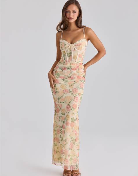 House of CB – Calista – Maxikleid aus Netzstoff mit pfirsichfarbenem Blumenmuster - view 1