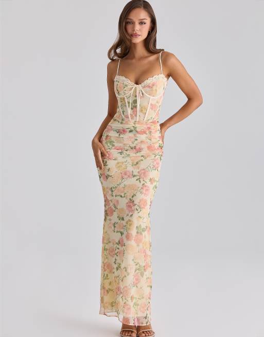 House of CB Calista Mesh-Maxikleid mit Pfirsich-Blumenprint, 1 von 4