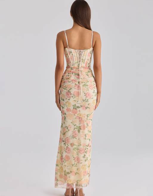 House of CB Calista Mesh-Maxikleid mit Pfirsich-Blumenprint, 2 von 4