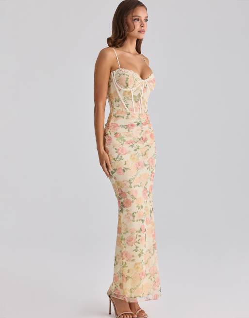 House of CB Calista Mesh-Maxikleid mit Pfirsich-Blumenprint, 4 von 4