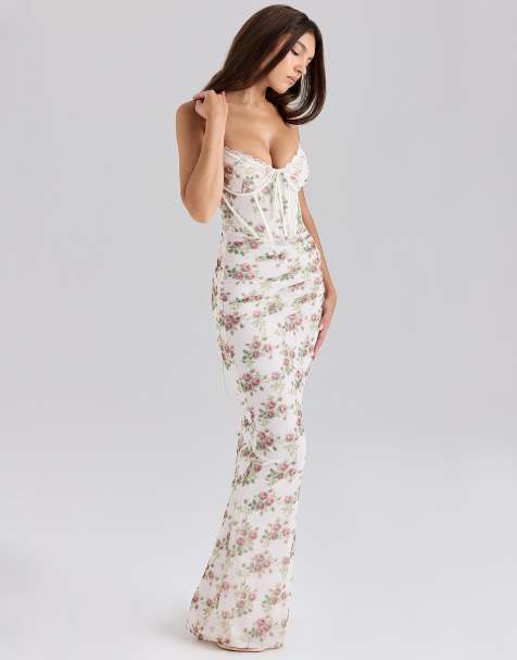 House of CB Calista print mesh maxi dress in cream rose