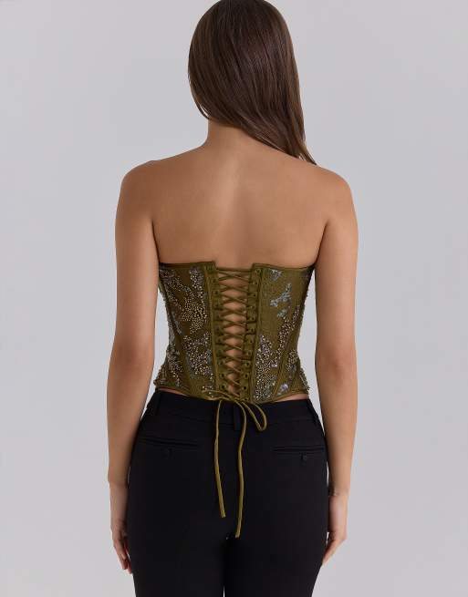 House of CB Calliope Spitzen-Corsage-Top in Olive, 2 von 4