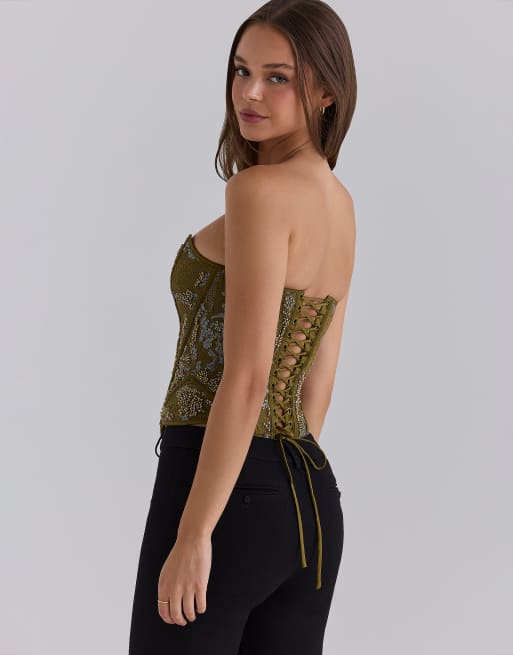 House of CB Calliope Spitzen-Corsage-Top in Olive, 4 von 4