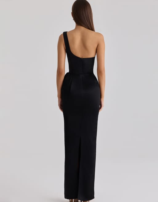 House of CB Caprice abito lungo monospalla in raso nero, 2 di 4