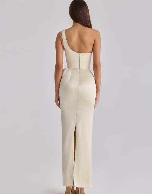House of CB Caprice one-shoulder satijnen maxi jurk in citroengeel, 2 van 4