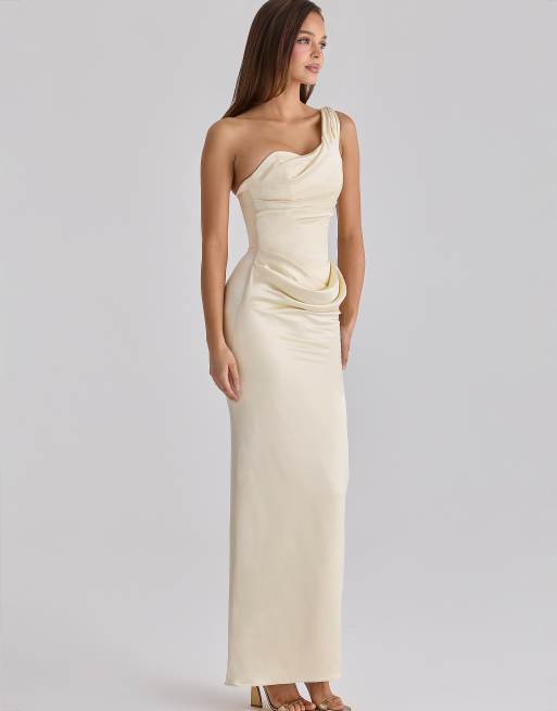 House of CB Caprice One-Shoulder-Satin-Maxikleid in Zitronengelb, 4 von 4