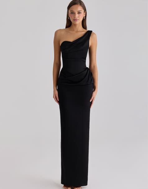 House of CB - Caprice - Vestito lungo monospalla in raso nero - view 1