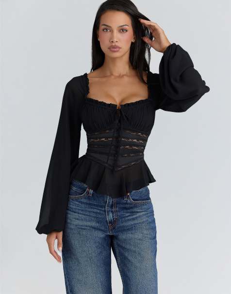 House of CB Cara black long sleeve georgette peplum top in black - view 1