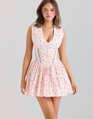 House of CB Carmel pink stretch cotton floral print mini dress in pink - view 1