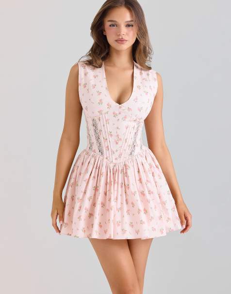 House of CB Carmel pink stretch cotton floral print mini dress in pink