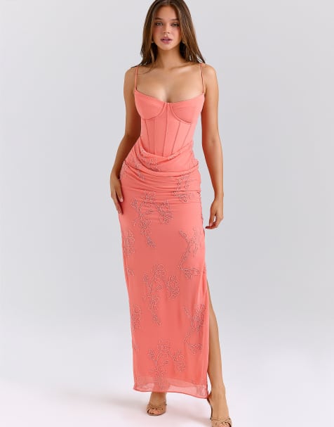House of CB Carmella coral embellished hand beaded maxi dress in coral