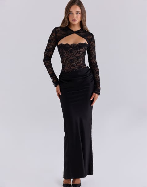 House of CB Carmella lace & satin corset maxi dress with bolero in midnight