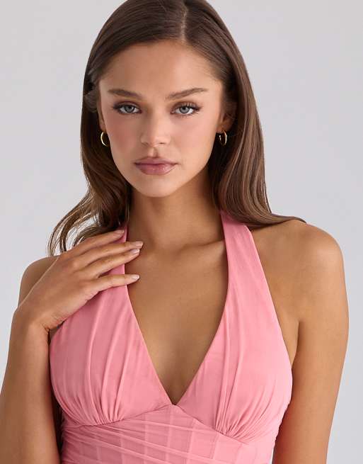 House of CB Carmine raspberry mesh halter neck waterfall maxi dress in  raspberry | ASOS