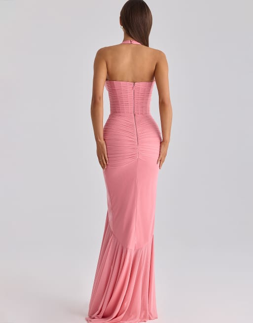 House of CB Carmine raspberry mesh halter neck waterfall maxi dress in raspberry, 4 of 4