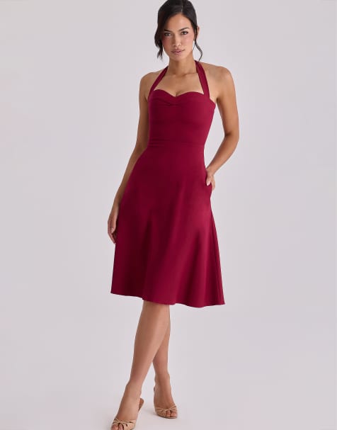 House of CB - Carolla - Vestito midi allacciato al collo in morbido twill color vino - view 1