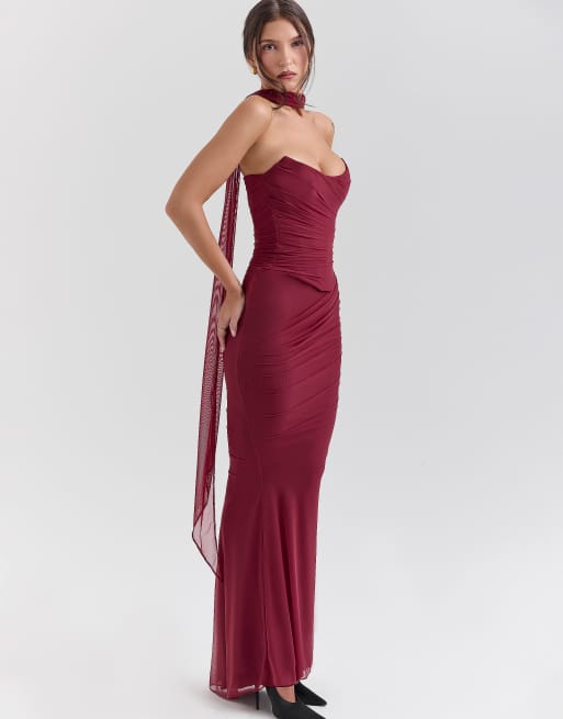 House of CB Cassidy cabernet fluted hem mesh maxi skirt in cabernet, 4 of 4