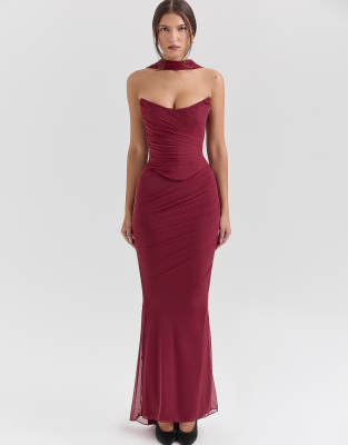 asos House of CB Cassidy fluted hem mesh maxi skirt in cabernet