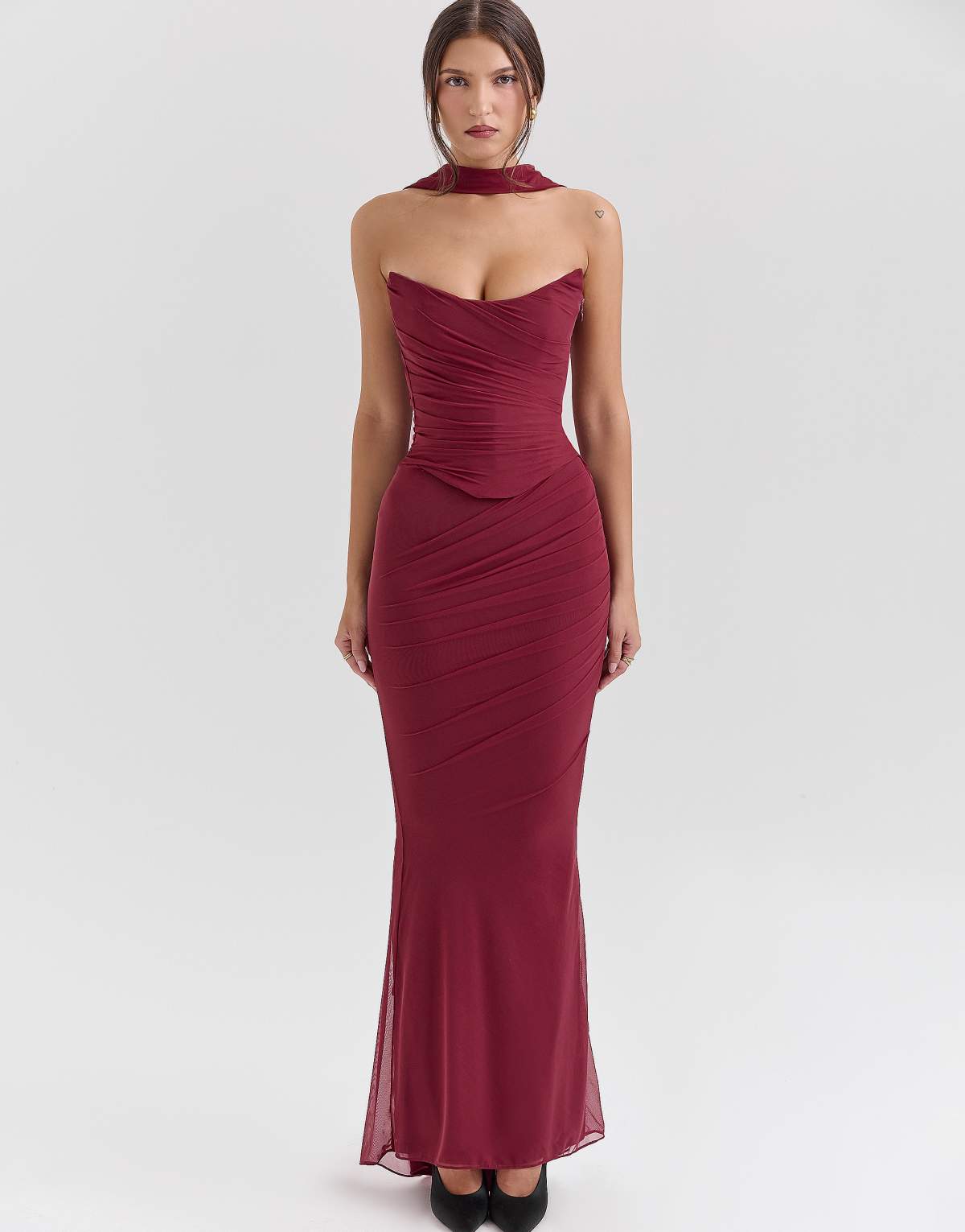 House of CB Cassidy fluted hem mesh maxi skirt in cabernet