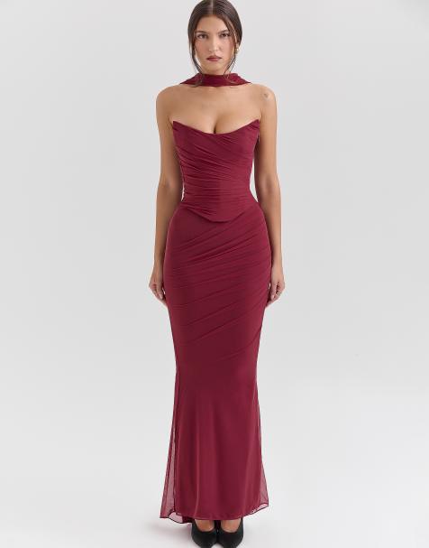 House of CB Cassidy fluted hem mesh maxi skirt in cabernet